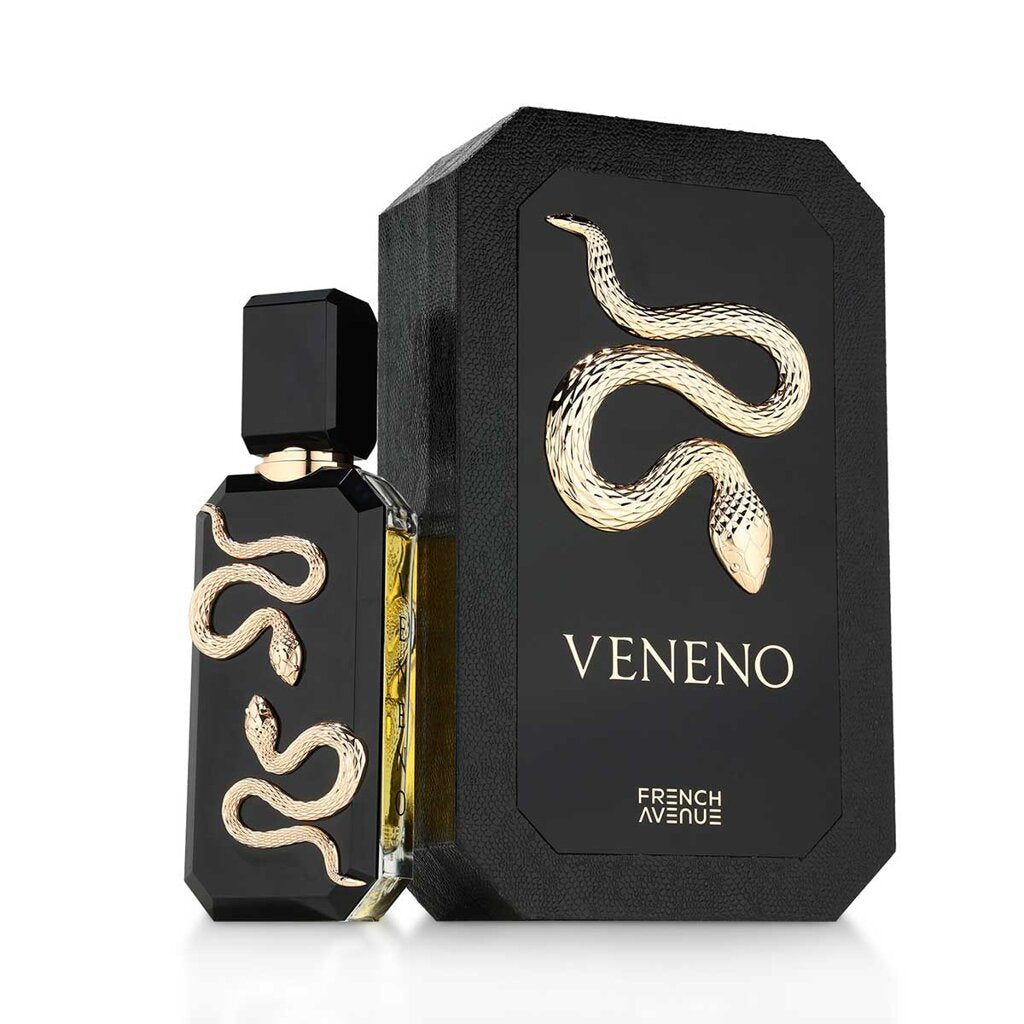 Confezione e scatola del profumo arabo Veneno Black di French Avenue