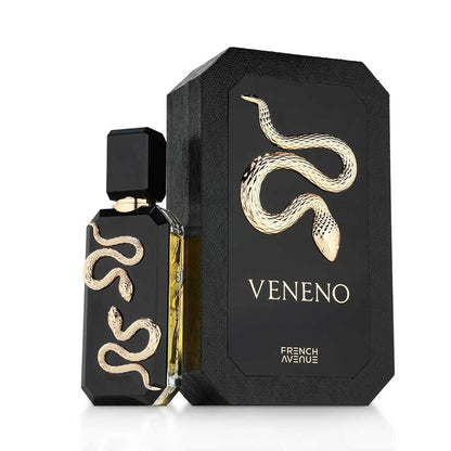 Confezione e scatola del profumo arabo Veneno Black di French Avenue