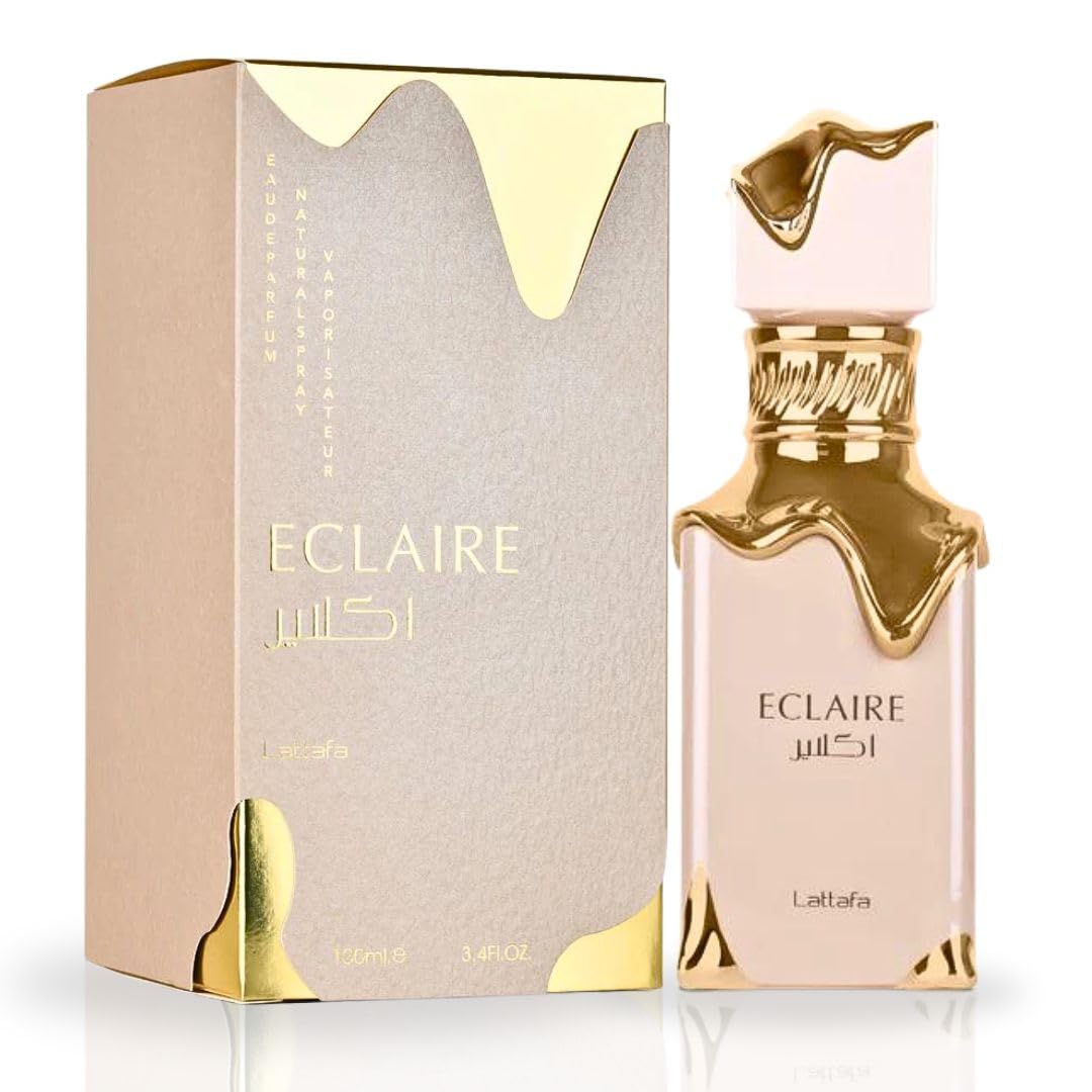 Confezione e bottiglia di Lattafa Eclaire EDP, il celebre profumo dolce e cremoso ispirato a Bianco Latte