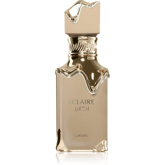 Flacone di Lattafa Eclaire Eau de Parfum 100 ml su sfondo neutro, profumo gourmand con note di caramello e vaniglia